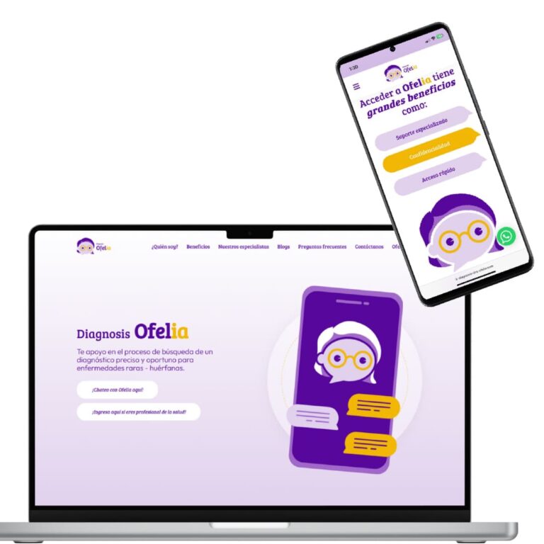 Página web de Diagnosis Ofelia en computador y celular, proyecto de enfermedades huérfanas y raras con chatbot, desarrollada por ams Mercadeo Salud