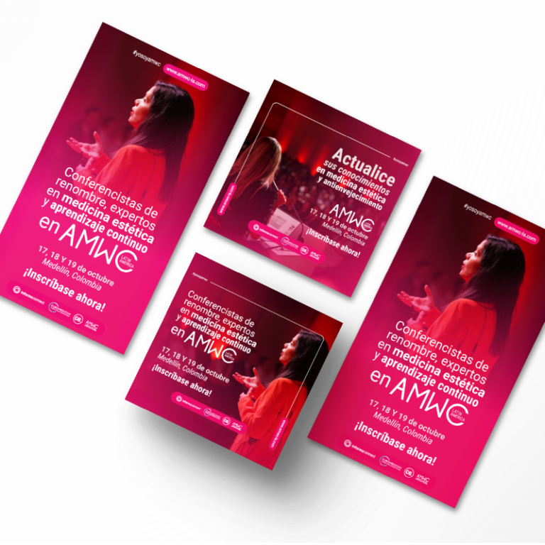 Piezas de publicidad de AMWC Latin America para el congreso de medicina estética y antienvejecimiento en Medellín, Colombia