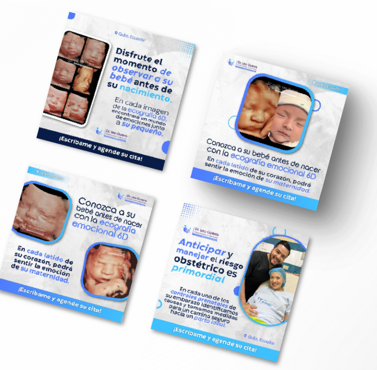Piezas de publicidad digital del Dr. Leonardo Guerra, ginecólogo y obstetra, para sus consultas en Quito y Santo Domingo, Ecuador