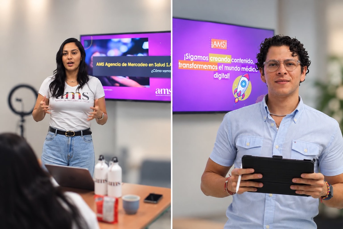 Especialistas de ams Mercadeo en Salud presentando una estrategia de contenido digital para el sector salud