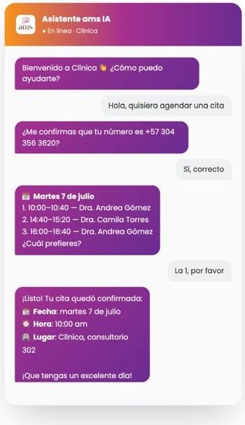 Ejemplo de conversación con el Asistente ams IA de una clínica: el paciente agenda una cita y la IA confirma fecha, hora y consultorio