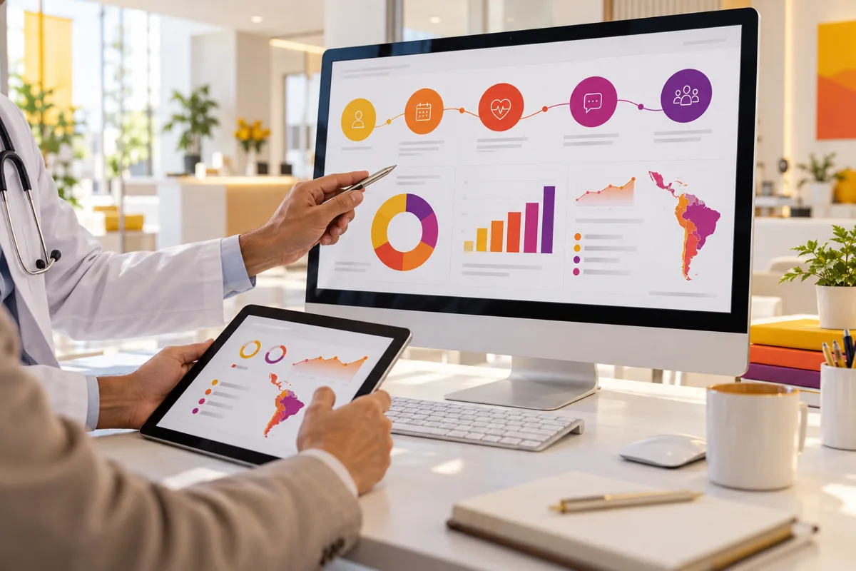 Escena ilustrativa de consultoría: revisión de una estrategia digital en un entorno de salud